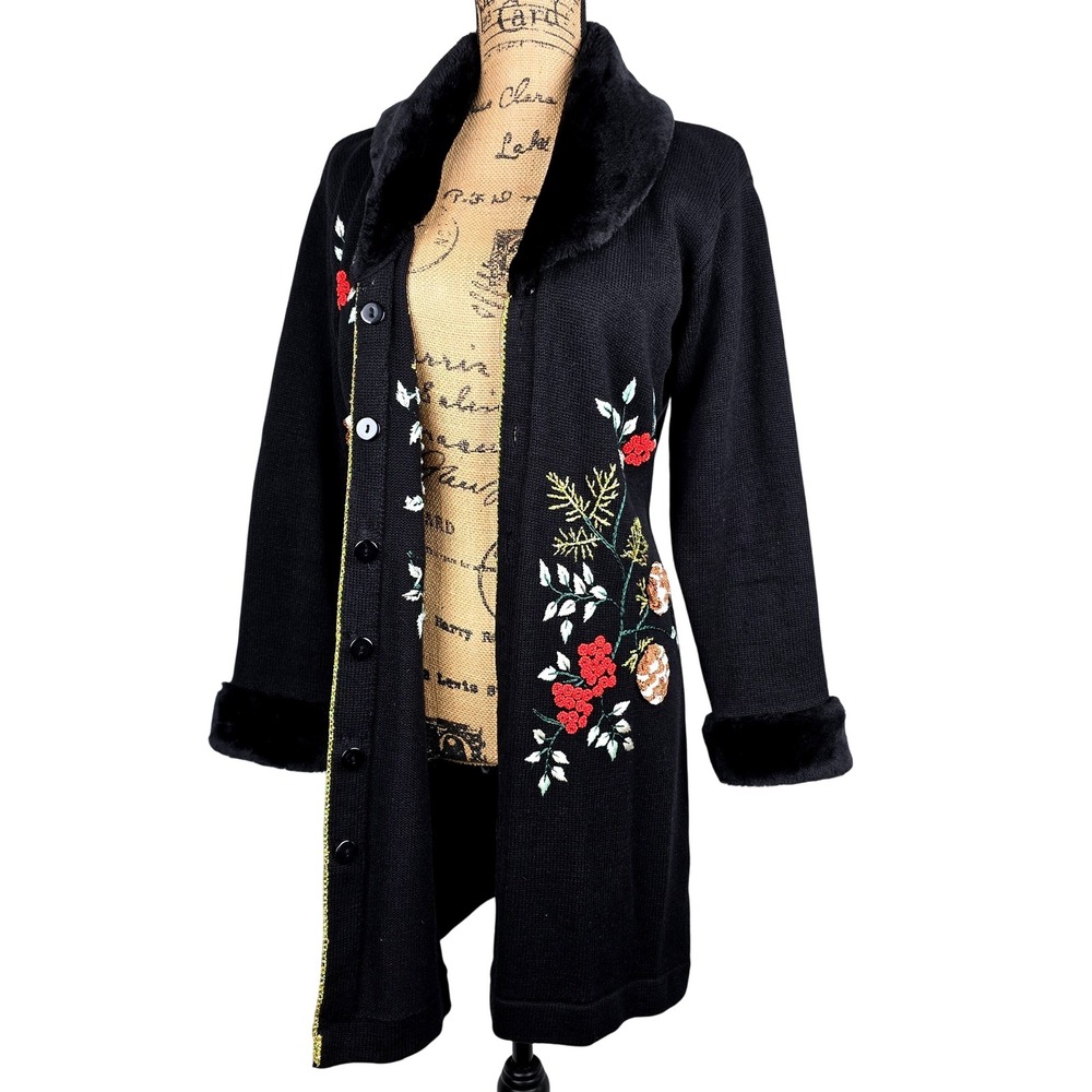 Storybook Knits Black Beaded Floral Cardigan Sweater Coat Faux Fur Trim Medium - Picture 3 of 16